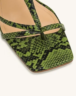 Cora Snakeskin Heeled Flip Flops - Green