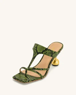 Cora Snakeskin Heeled Flip Flops - Green