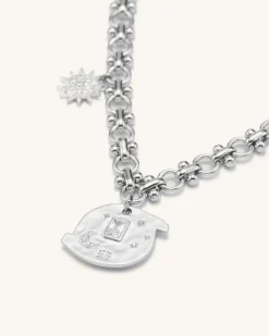 Cosmos Round Multi Charm Bracelet - 18ct White Gold Plated & White Zir