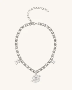 Cosmos Round Multi Charm Necklace - 18ct White Gold Plated & White Zir