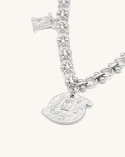 Cosmos Round Multi Charm Necklace - 18ct White Gold Plated & White Zir