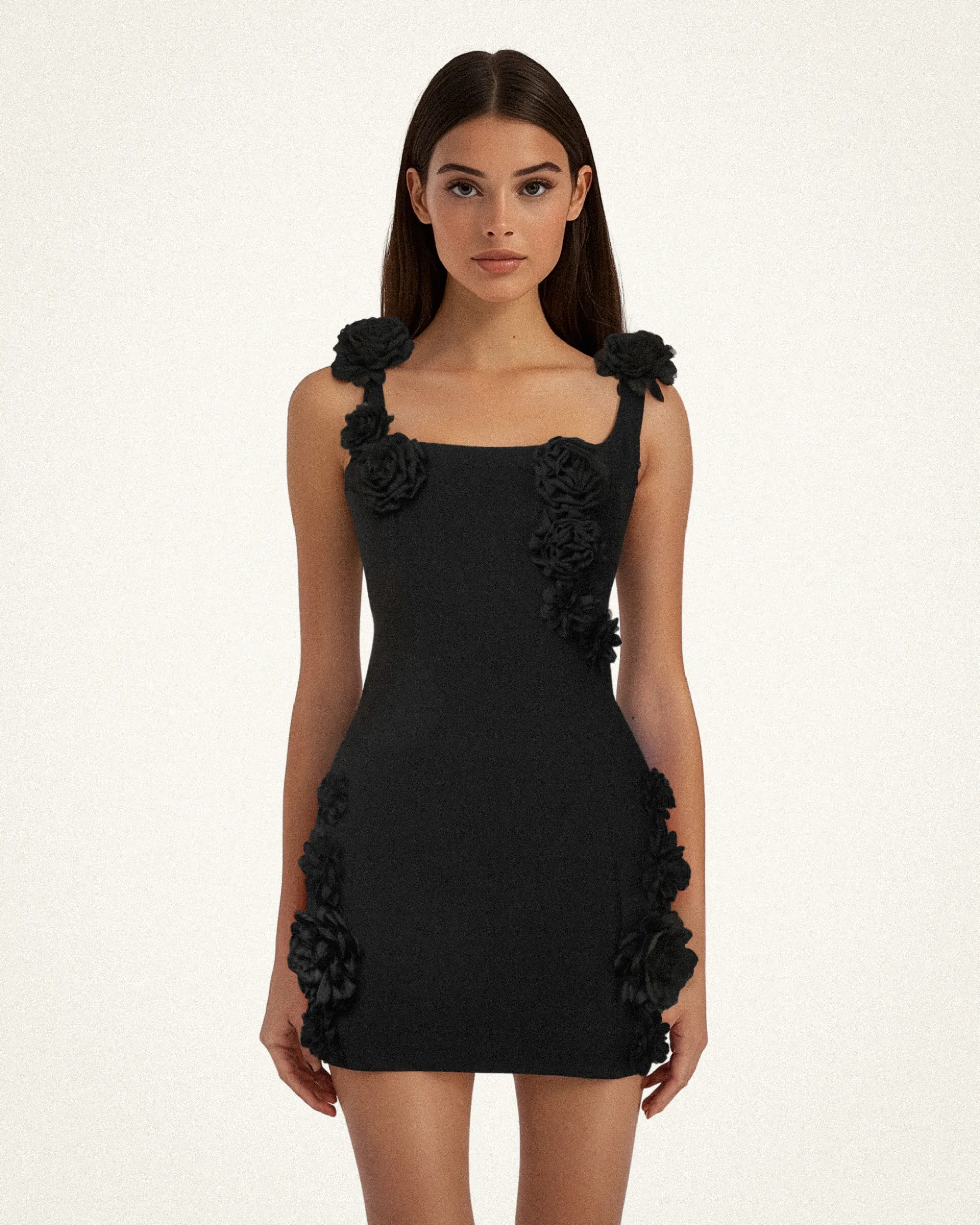 Elaina Black Rosette Applique Mini Dress - Black