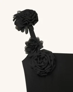 Elaina Black Rosette Applique Mini Dress - Black