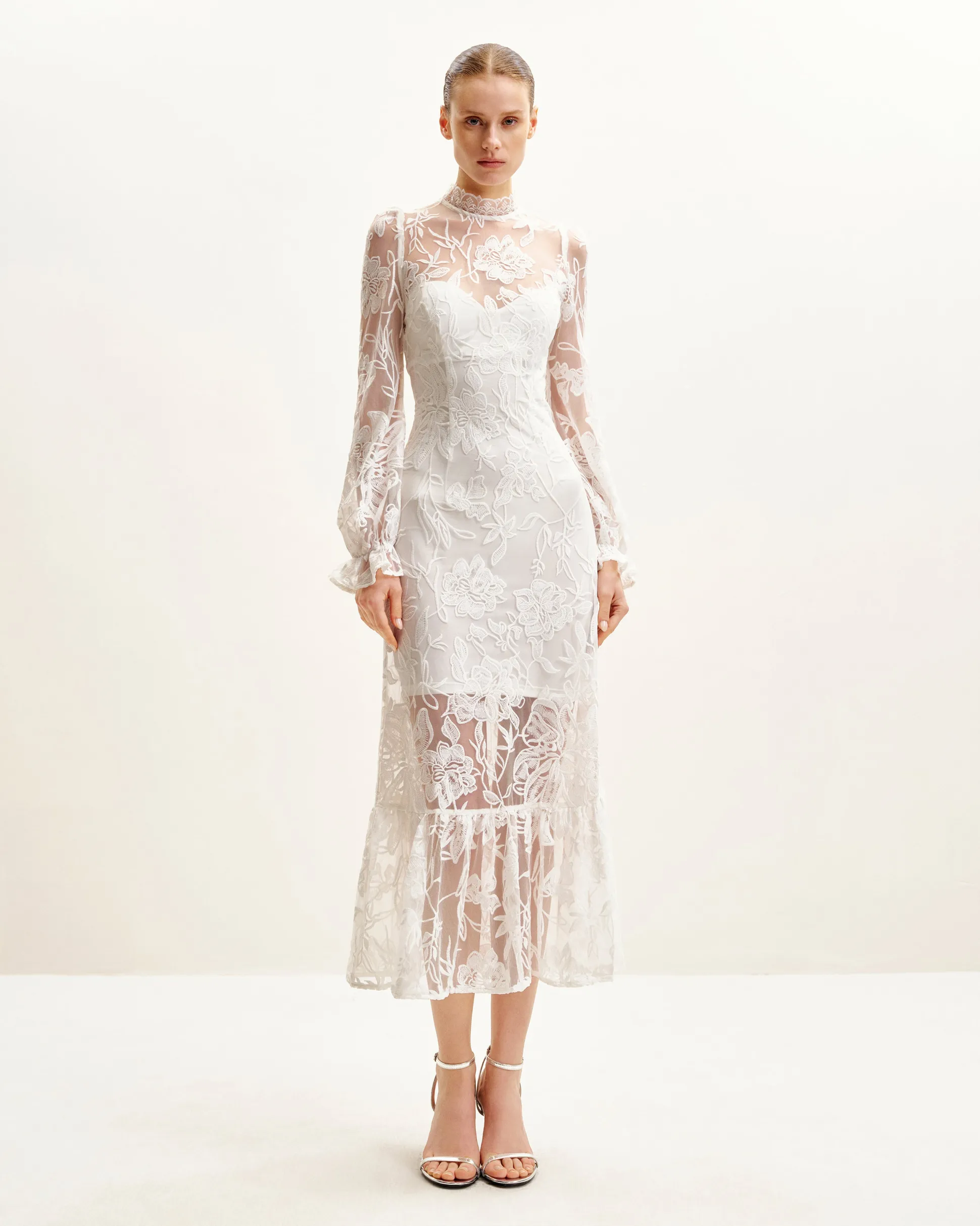 Elegant Lace Midi Dress - White