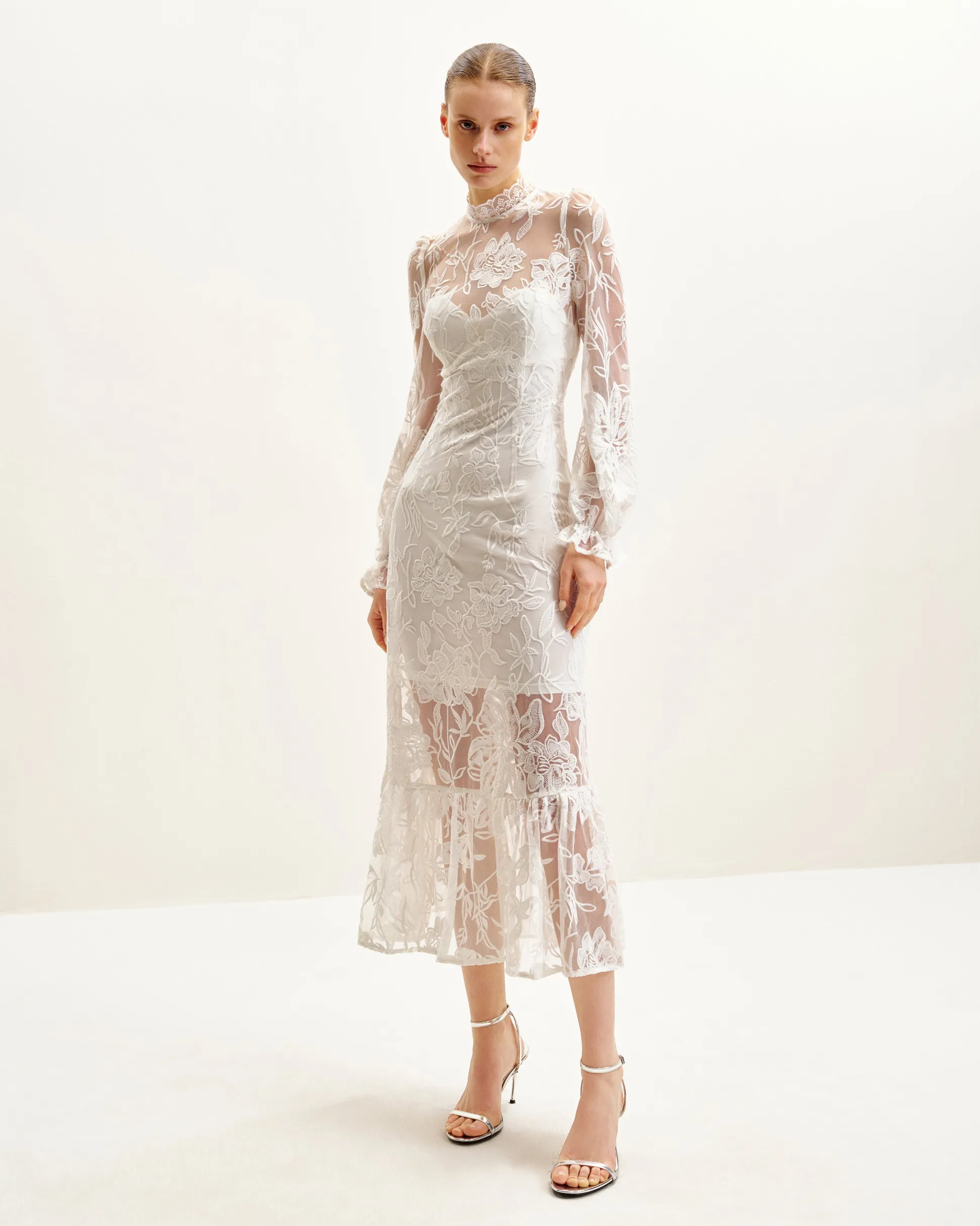 Elegant Lace Midi Dress - White
