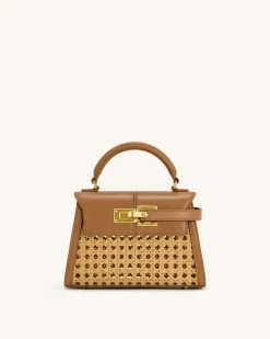 Elise Faux Bamboo Woven Top Handle Bag - Brown