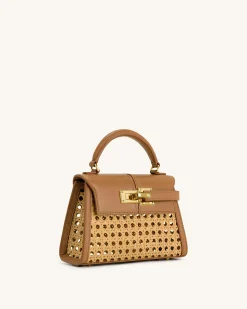 Elise Faux Bamboo Woven Top Handle Bag - Brown