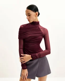 Ella Sheer Ruched Turtleneck Top - Burgundy