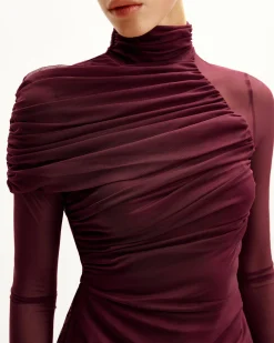 Ella Sheer Ruched Turtleneck Top - Burgundy
