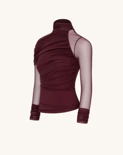 Ella Sheer Ruched Turtleneck Top - Burgundy