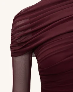 Ella Sheer Ruched Turtleneck Top - Burgundy