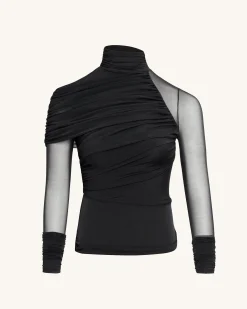 Ella Sheer Ruched Turtleneck Top - Black