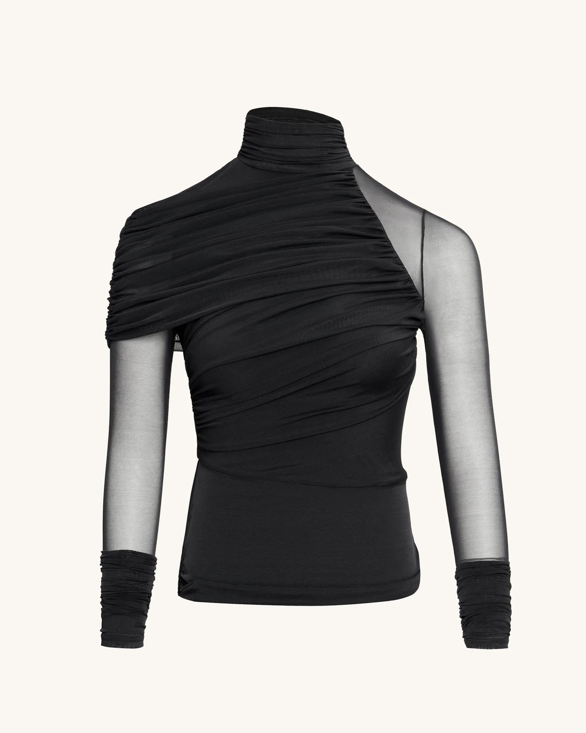 Ella Sheer Ruched Turtleneck Top - Black