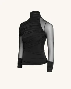 Ella Sheer Ruched Turtleneck Top - Black