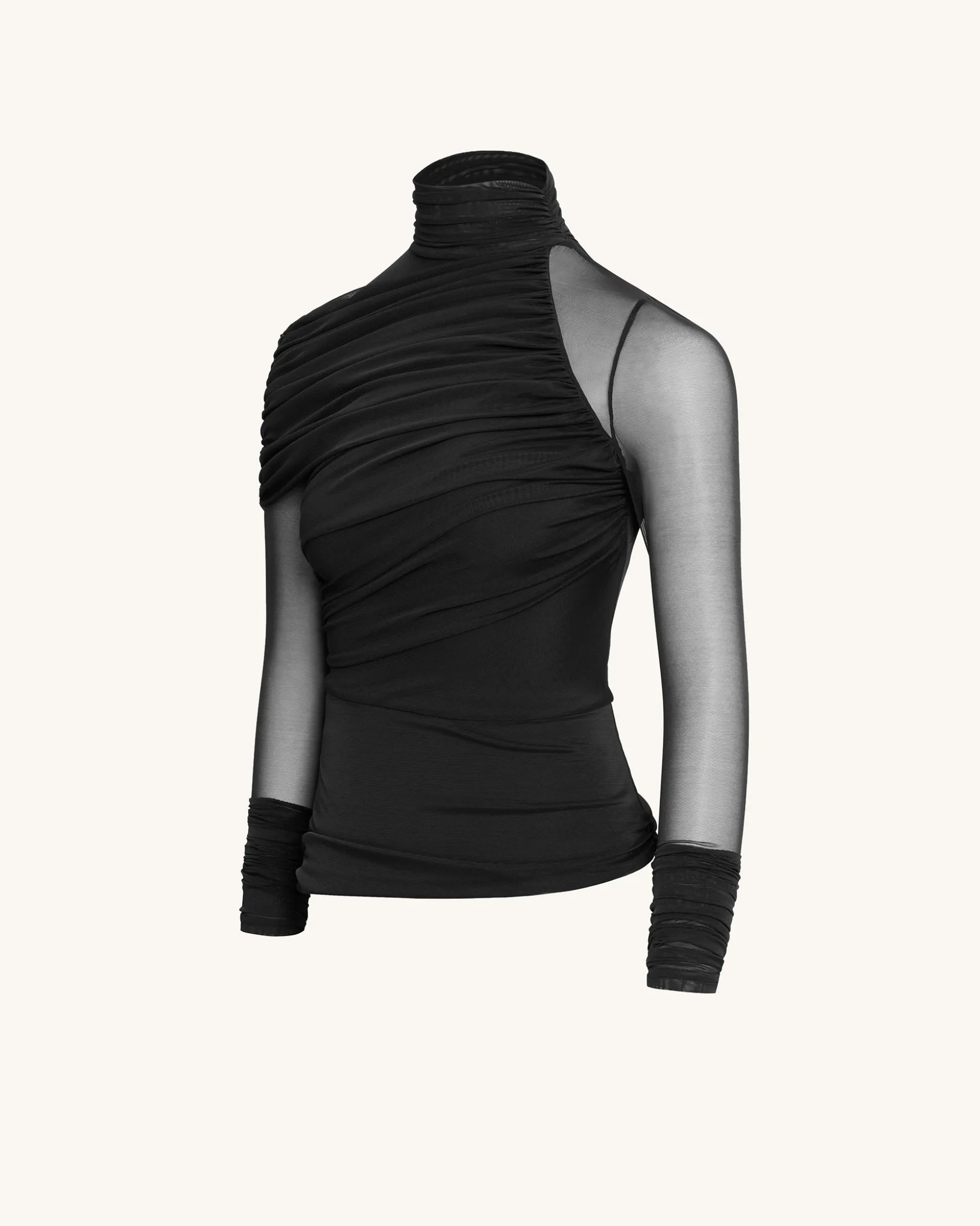Ella Sheer Ruched Turtleneck Top - Black