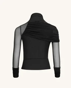 Ella Sheer Ruched Turtleneck Top - Black
