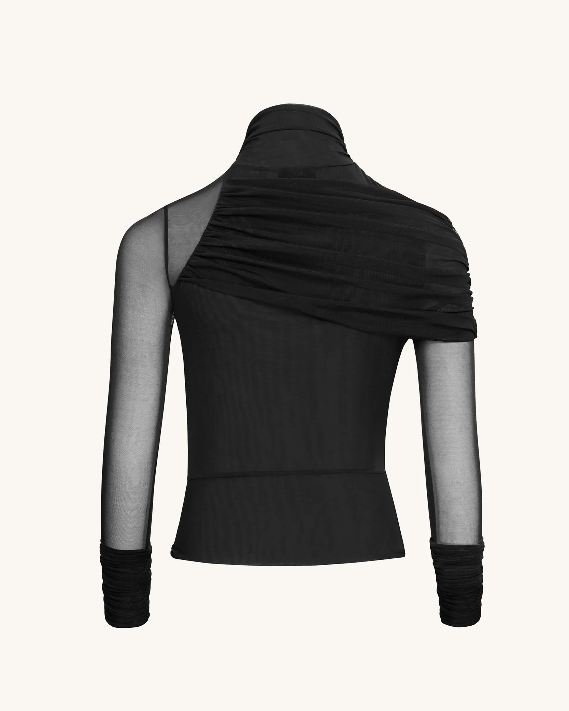 Ella Sheer Ruched Turtleneck Top - Black
