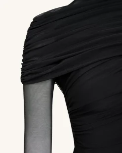 Ella Sheer Ruched Turtleneck Top - Black