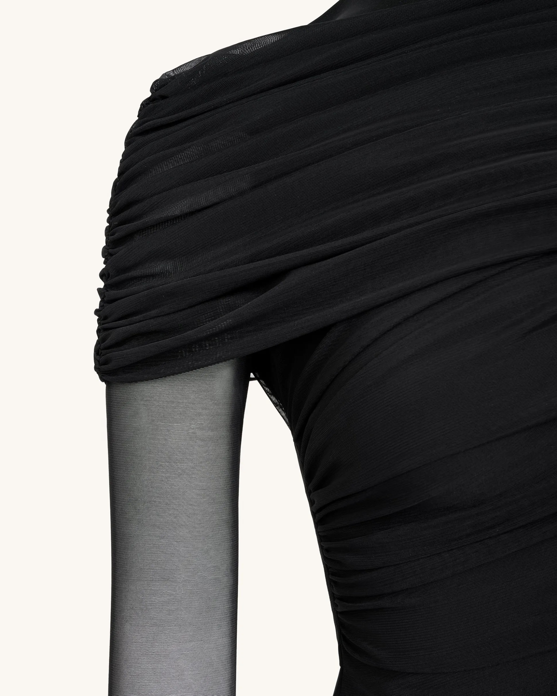 Ella Sheer Ruched Turtleneck Top - Black