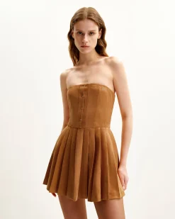 Ellie Pleated Velvet Dress - Caramel