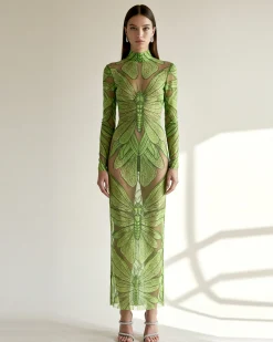 Emerald Dragonfly Sheer Mesh Gown - Green