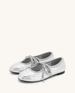 Erika Topstitching lace-up ballet Flats- Silver