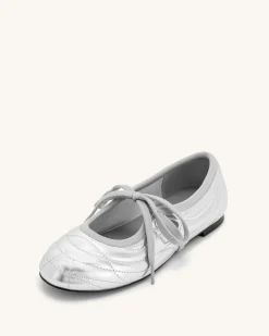 Erika Topstitching lace-up ballet Flats- Silver