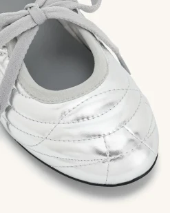 Erika Topstitching lace-up ballet Flats- Silver