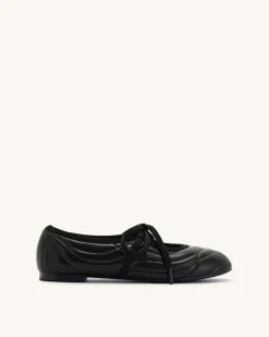 Erika Topstitching lace-up ballet Flats- Black