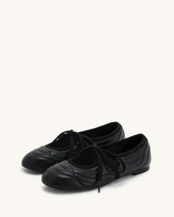 Erika Topstitching lace-up ballet Flats- Black