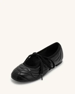 Erika Topstitching lace-up ballet Flats- Black