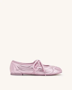 Erika Topstitching lace-up ballet Flats- Pink