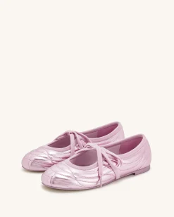 Erika Topstitching lace-up ballet Flats- Pink
