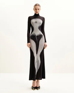 Eva Body Print Mesh Dress - Black and White