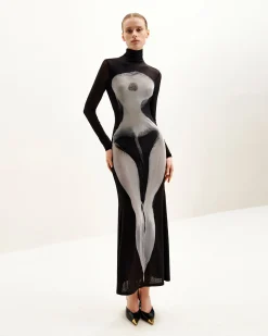 Eva Body Print Mesh Dress - Black and White