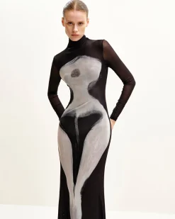 Eva Body Print Mesh Dress - Black and White