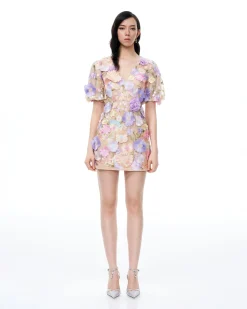 Evangeline 3D V-Neck Floral Embroidered Dress - Pastel Multi