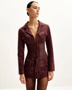 Faux Suede Corset Jacket Mini Dress - Claret