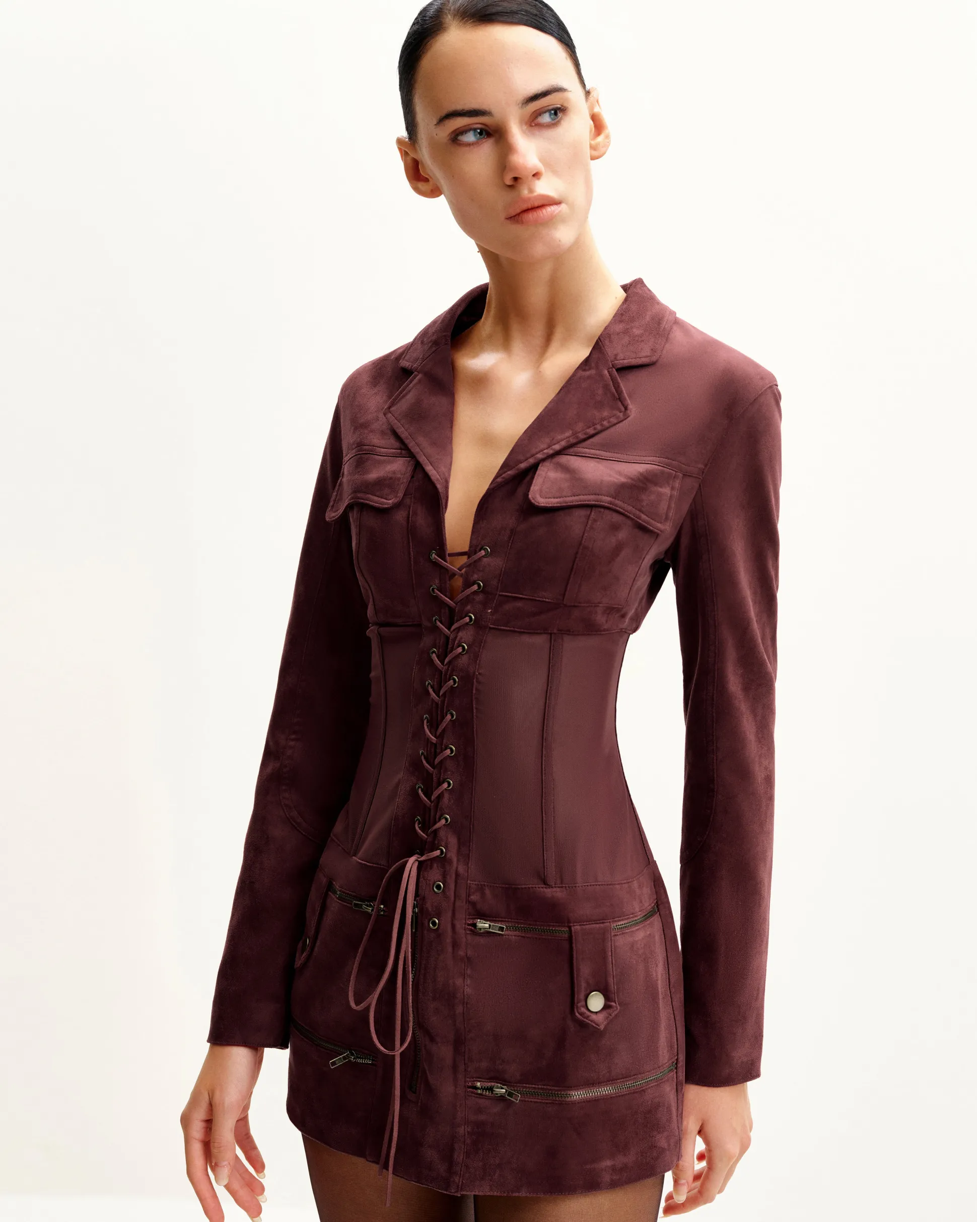 Faux Suede Corset Jacket Mini Dress - Claret
