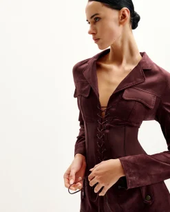 Faux Suede Corset Jacket Mini Dress - Claret