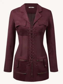 Faux Suede Corset Jacket Mini Dress - Claret