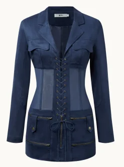 Faux Suede Corset Jacket Mini Dress - Dark Blue