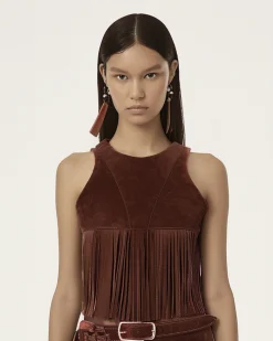Faux Suede Fringe Halter - Burgundy