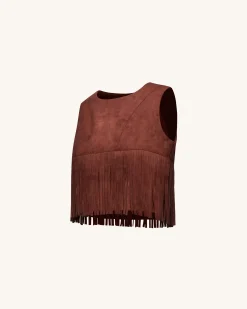 Faux Suede Fringe Halter - Burgundy