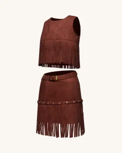 Faux Suede Fringe Halter - Burgundy