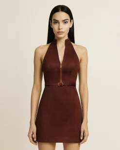 Faux Suede Halter Neck Zip-Front Mini Dress - Burgundy