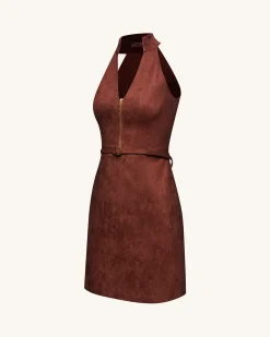 Faux Suede Halter Neck Zip-Front Mini Dress - Burgundy