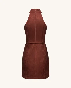 Faux Suede Halter Neck Zip-Front Mini Dress - Burgundy