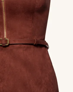 Faux Suede Halter Neck Zip-Front Mini Dress - Burgundy
