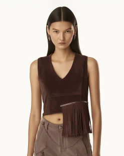 Faux Suede V-Neck Fringe Top - Chocolate Brown